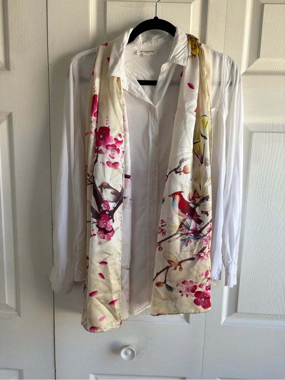 Luxury 100% Charmeuse Silk Long Scarf Cherry Blossom Bird Floral Novelty Academi